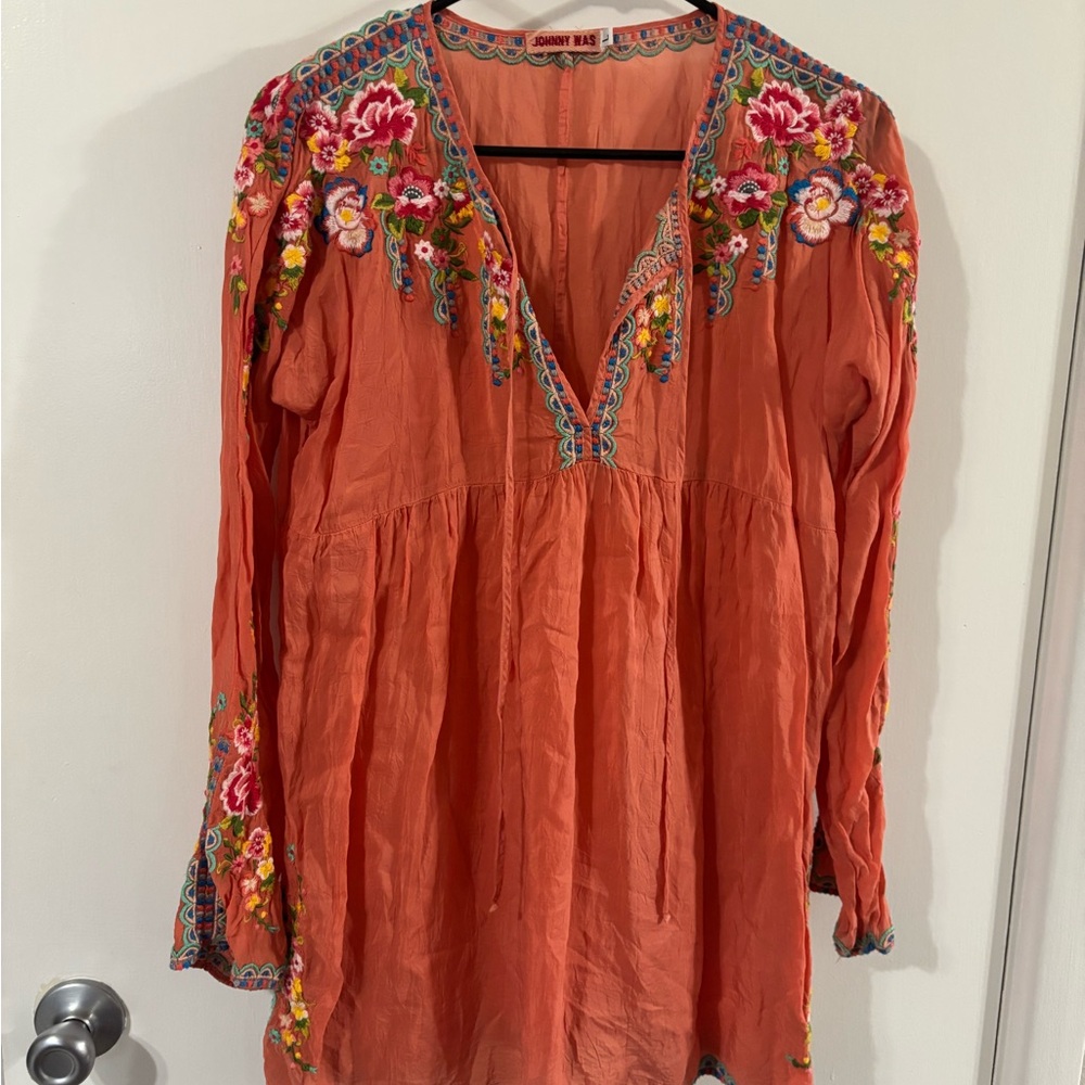 Johnny Was Coral Embroidered V-Neck Tunic